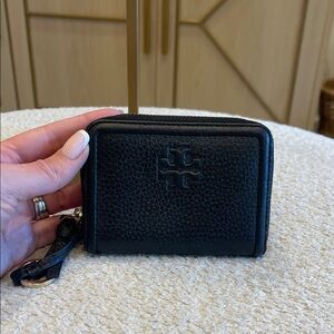 Tory Burch Black Pebbled Leather Zip Card Wallet